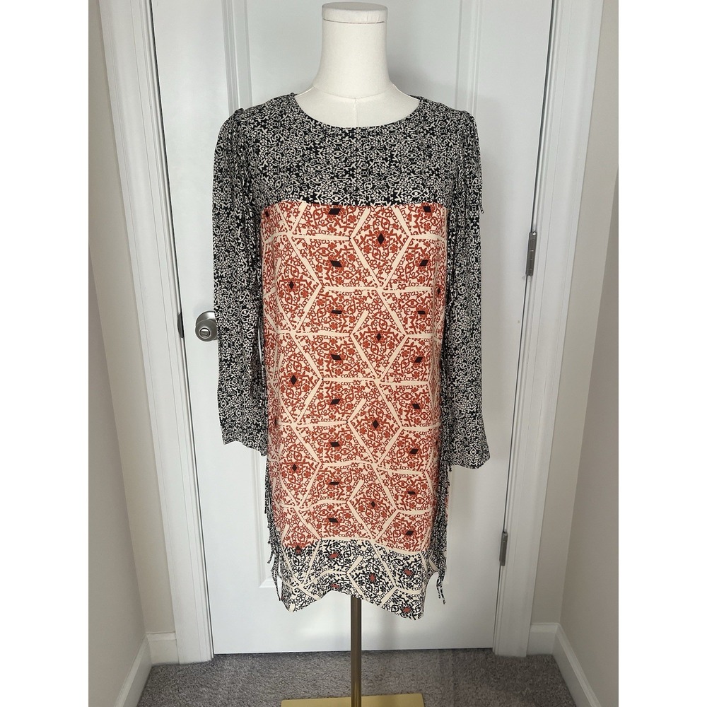 Zara Women Geo Floral Boho Fringe Mini Shift Dress Size Small